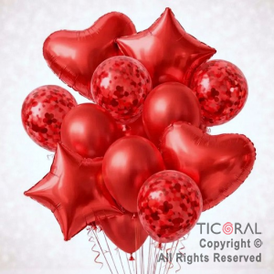 SET DE GLOBOS METALIZADOS ESTRELLA CORAZON CONFETI Y LATEX ROJO x 14 UNIDADES
